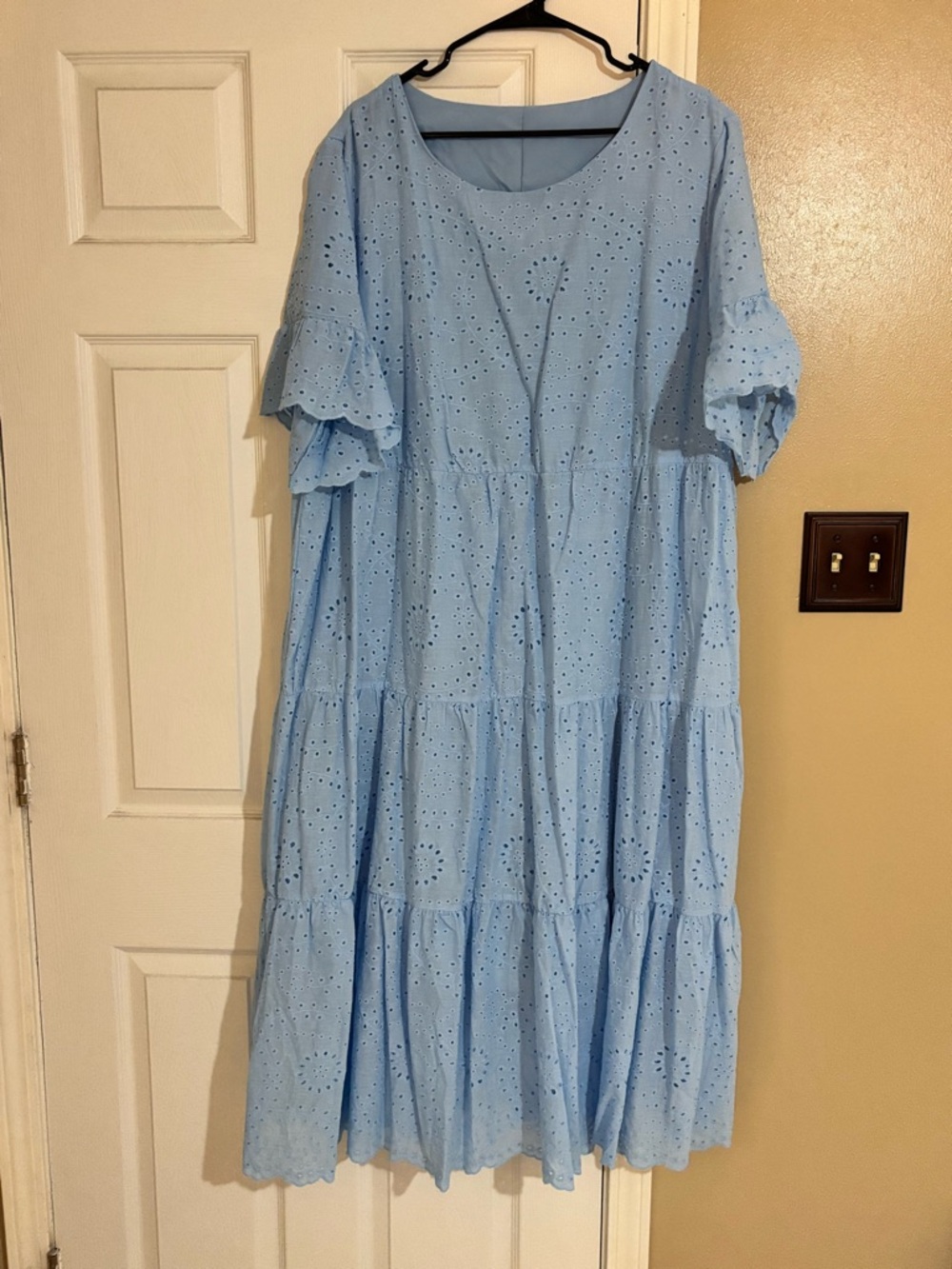 SHEIN Light Blue Eyelet Tiered Midi Dress with Ruffle Sleeves